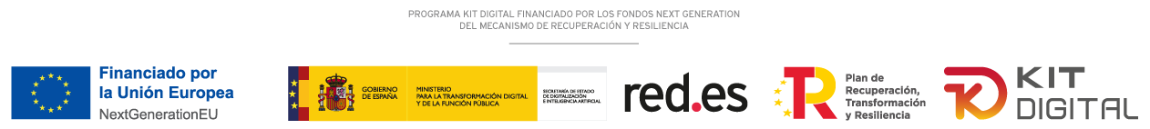 Programa Kit Digital financiado por los fondos Next Generation del Mecanismo de Recuperación y Resiliencia. Financiado por la Unión Europea - NextGenerationEU. Gobierno de España, Ministerio para la Transformación Digital y de la Función Pública. red.es. Plan de Recuperación, Transformación y Resiliencia.